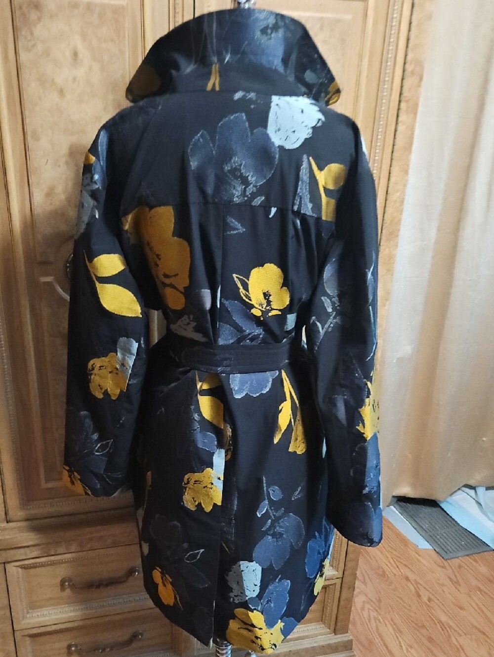 Chico's Stunning Black Trench Coat with Blue & Gold Floral Print - Picture 7 of 11